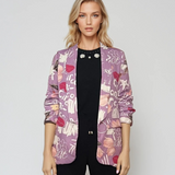 Sacou cu print abstract floral și scrisuri lila