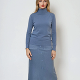 Fustă midi tricotată cu buzunare albastru-jeans