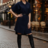 Rochie stil cămașă din in cu dungi bleumarin