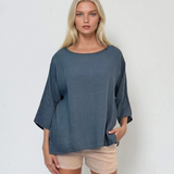 Bluză largă din in in colturi albastru jeans