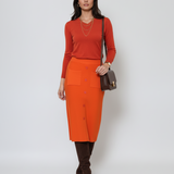 Fustă midi tricotată cu buzunare portocaliu