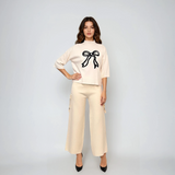 Pulover tricotat cu fundă ?i mânecă 3/4 alb