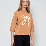 Pulover tricotat cu fundă ?i mânecă 3/4 beige