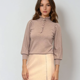 Pulover cu mâneci bufante si guler încretit beige