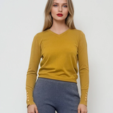 Pulover en-coeur cu nasturi pe mâneci mustar