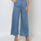 Pantaloni evazați cu fermoar și buzunare bleu
