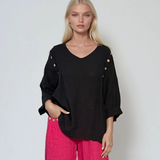 Bluză din in cu nasturi decorativi și decolteu în V bleumarin