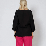 Bluză din in cu nasturi decorativi și decolteu în V bleumarin