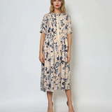 Rochie lungă din bumbac cu print floral și mânecă 3/4 crem