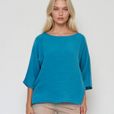 Bluză largă din in in colturi turcoaz