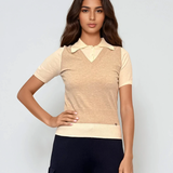 Pulover cu mânecă scurtă, guler cămașă și nasturi beige