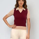 Pulover cu mânecă scurtă, guler cămașă și nasturi grena