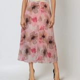 Fustă lungă plisată cu curea și print floral roz