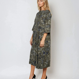 Rochie lungă din bumbac cu print floral și mânecă 3/4 kaki