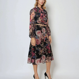 Rochie midi din voal cu print floral și curea negru