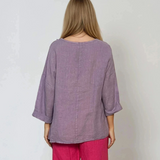 Bluză din in cu nasturi decorativi și decolteu în V lila