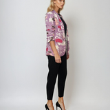 Sacou cu print abstract floral și scrisuri lila