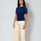 Pulover tricotat cu mânecă scurtă si perle albastru