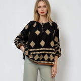 Bluză tip ie din bumbac cu broderie geometrică negru