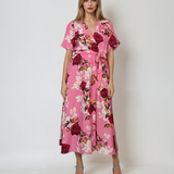 Rochie lunga parte peste parte print floral cu broșă roz