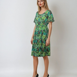 Rochie midi cu print floral și șnur în talie verde