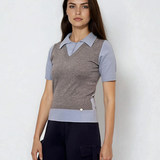 Pulover cu mânecă scurtă, guler cămașă și nasturi gri