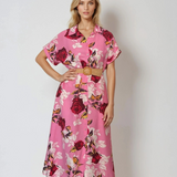 Rochie lunga cu centura in talie print floral roz