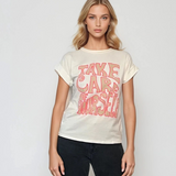 Tricou larg din bumbac cu print Take care of yourself alb