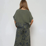 Bluza largă din in cu mânecă fluture și print floral kaki