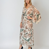 Rochie vascoza cu maneca larga si print floral-Beige
