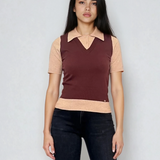 Pulover cu mânecă scurtă, guler cămașă și nasturi maro