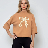 Pulover tricotat cu fundă ?i mânecă 3/4 beige