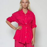 Rochie mini cămașă din in ciclam