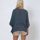 Bluză largă din in in colturi albastru jeans