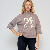 Pulover tricotat cu fundă ?i mânecă 3/4 gri