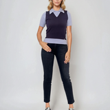 Pulover cu mânecă scurtă, guler cămașă și nasturi bleumarin