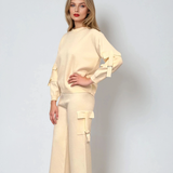 Compleu tricotat casual cu cataramă la buzunare crem