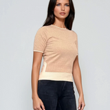 Pulover cu mânecă scurtă și bordură contrast beige