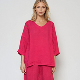 Bluză din in cu nasturi decorativi și decolteu în V ciclam