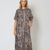 Rochie lungă din bumbac cu print floral și mânecă 3/4 grej