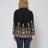 Bluză tip ie din bumbac cu broderie aurie și mânecă lungă negru
