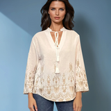 Bluză tip ie din bumbac cu broderie aurie și mânecă lungă alb