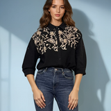 Cămașă din bumbac cu broderie pe umeri și croială lejeră negru