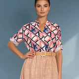 Bluză guler tunică cu un nasture bleumarin