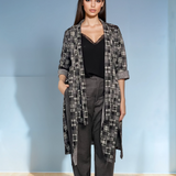 Cardigan lung cu șlițuri laterale și imprimeu geometric mic gri