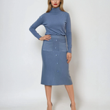 Fustă midi tricotată cu buzunare albastru-jeans