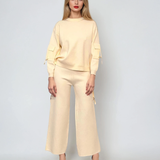 Compleu tricotat casual cu cataramă la buzunare crem