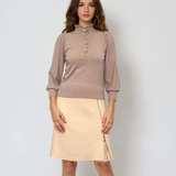 Pulover cu mâneci bufante si guler încretit beige