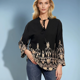 Bluză tip ie din bumbac cu broderie aurie și mânecă lungă negru