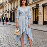 Rochie asimetrică cu cordon în talie bleu